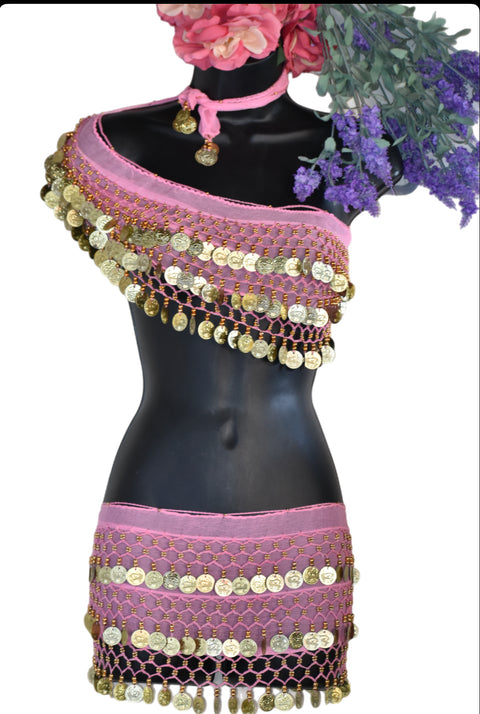 Pink Goddess Belly Dance top + hip scarf