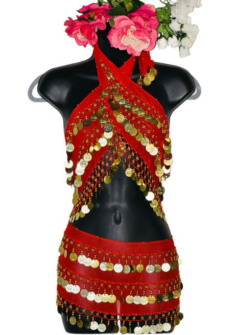 Red Goddess Belly Dance top + hip scarf