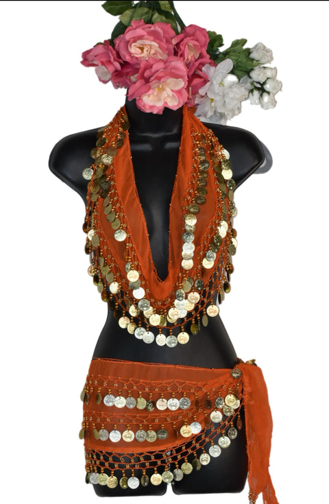Orange Goddess Belly Dance top + hip scarf