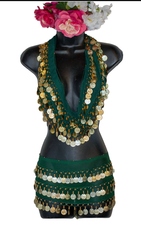 Dark Green Goddess Belly Dance top + hip scarf